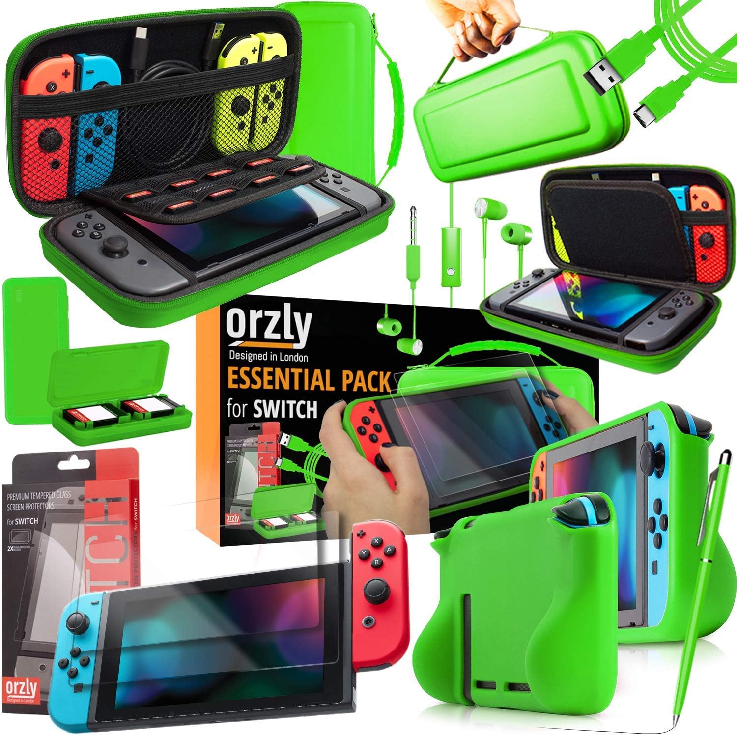 Detalle de Orzly Switch Accessories Bundle: Case, Screen Protectors, Cable, Headphones & More for Nintendo Switch (Green)