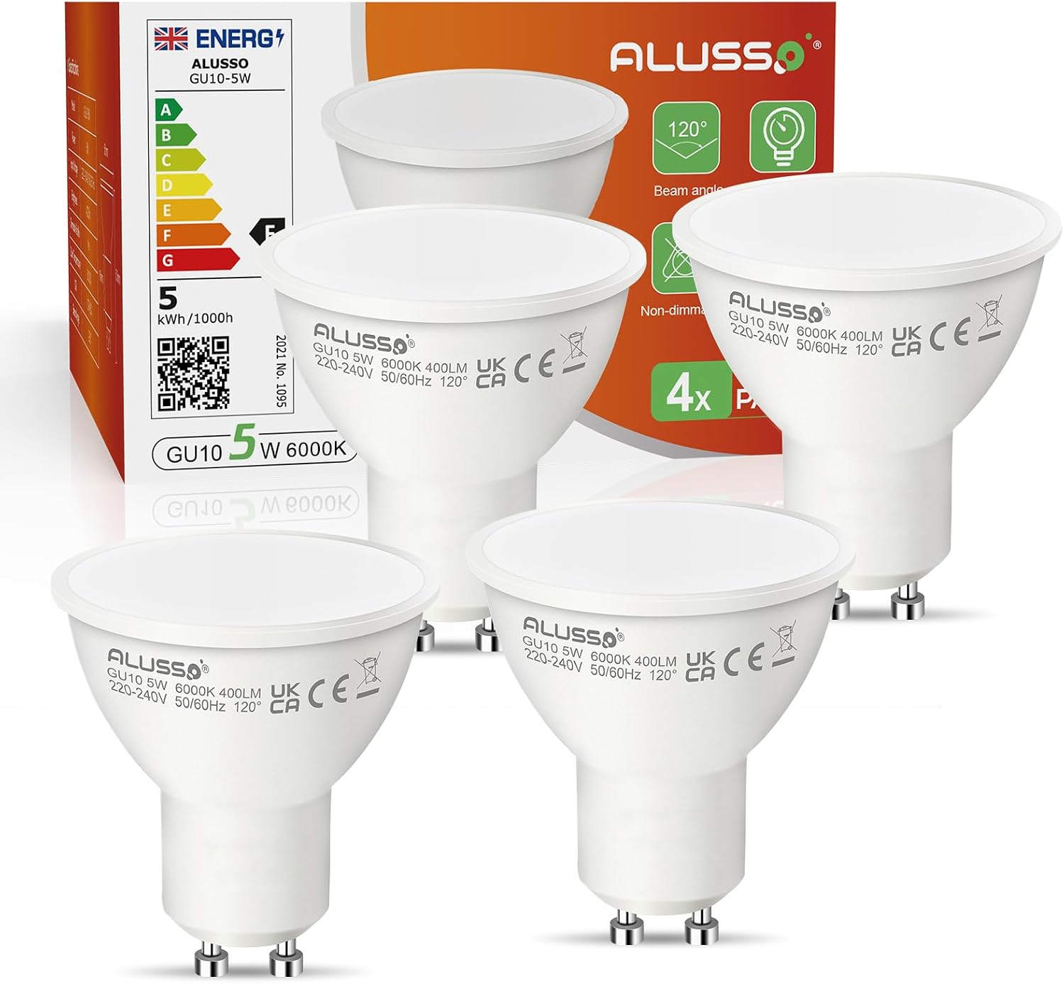 Detalle de ALUSSO GU10 LED Lampe, 5W, 6000K kaltweiß, 400 lm – 4er Pack