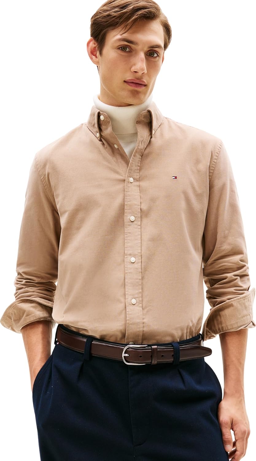 Detalle de Tommy Hilfiger Men’s Solid Corduroy Regular Fit Shirt with Button-Down Collar