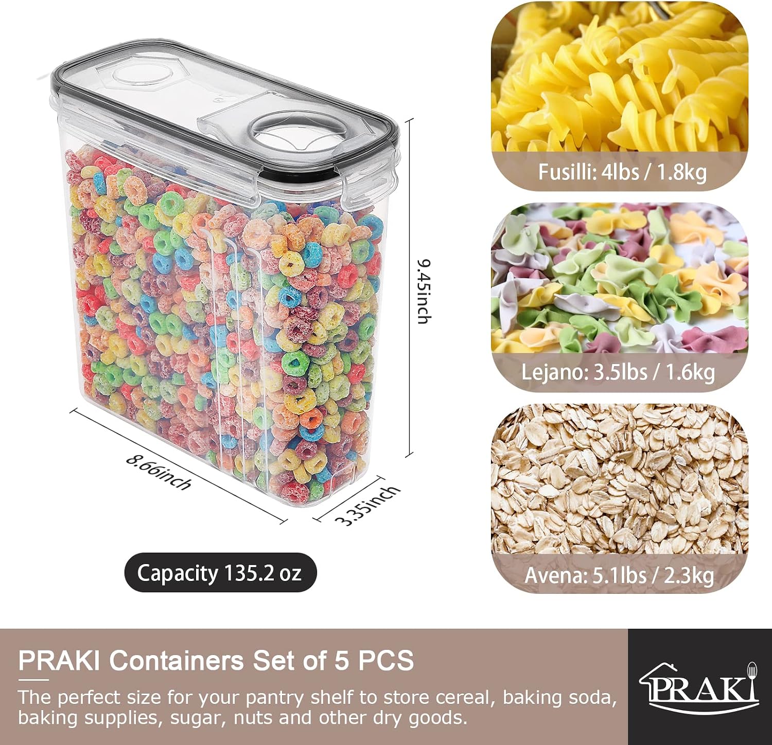 Thumbnail 1 de PRAKI 5PCS Cereal Containers Storage Set with Lids, 4L BPA-Free Airtight Food Storage for Pantry Organization