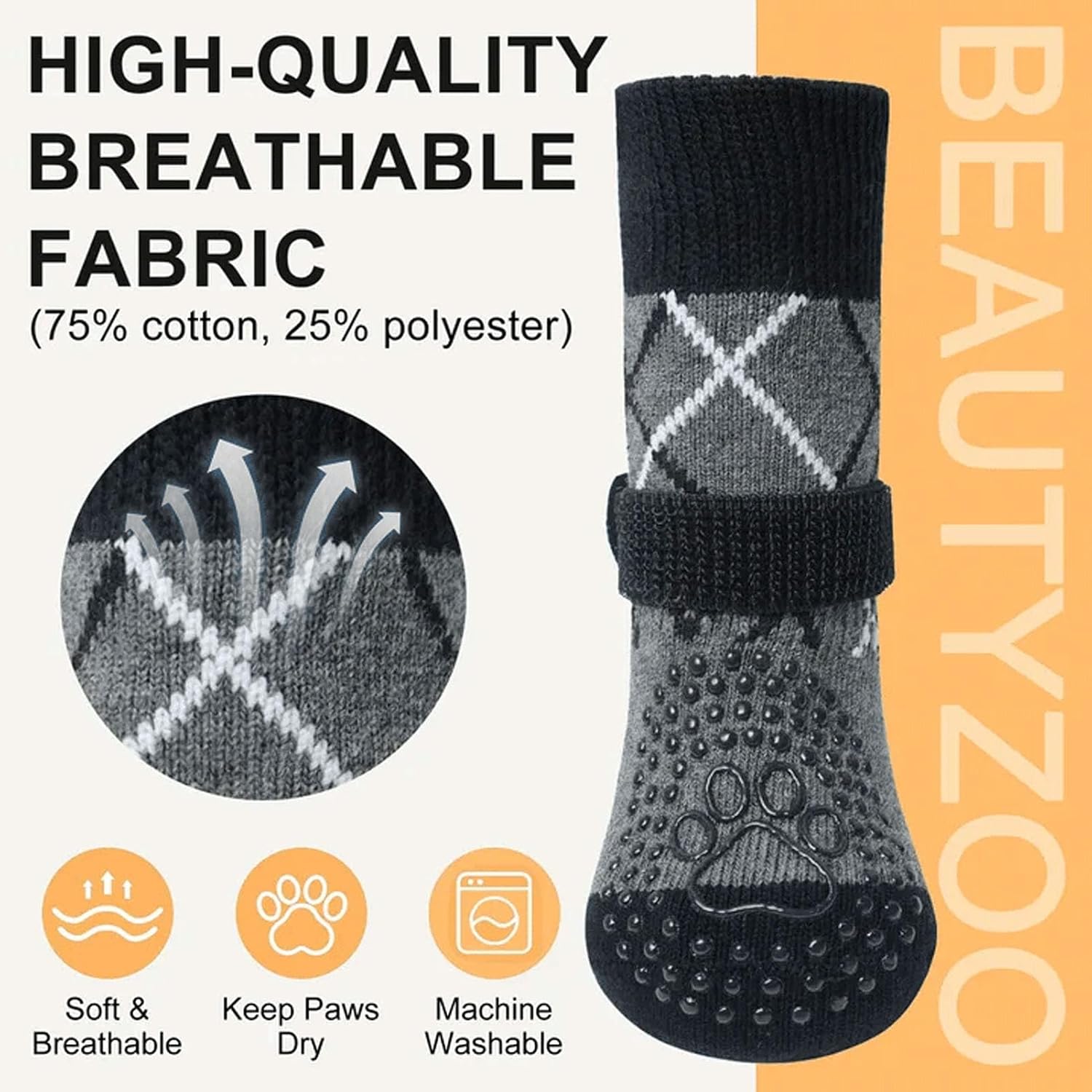 Detalle 2 de BEAUTYZOO Hundesocken Anti Rutsch im 6er-Set (doppelseitig, mit Klett-/Riemenverschluss) – Größe S