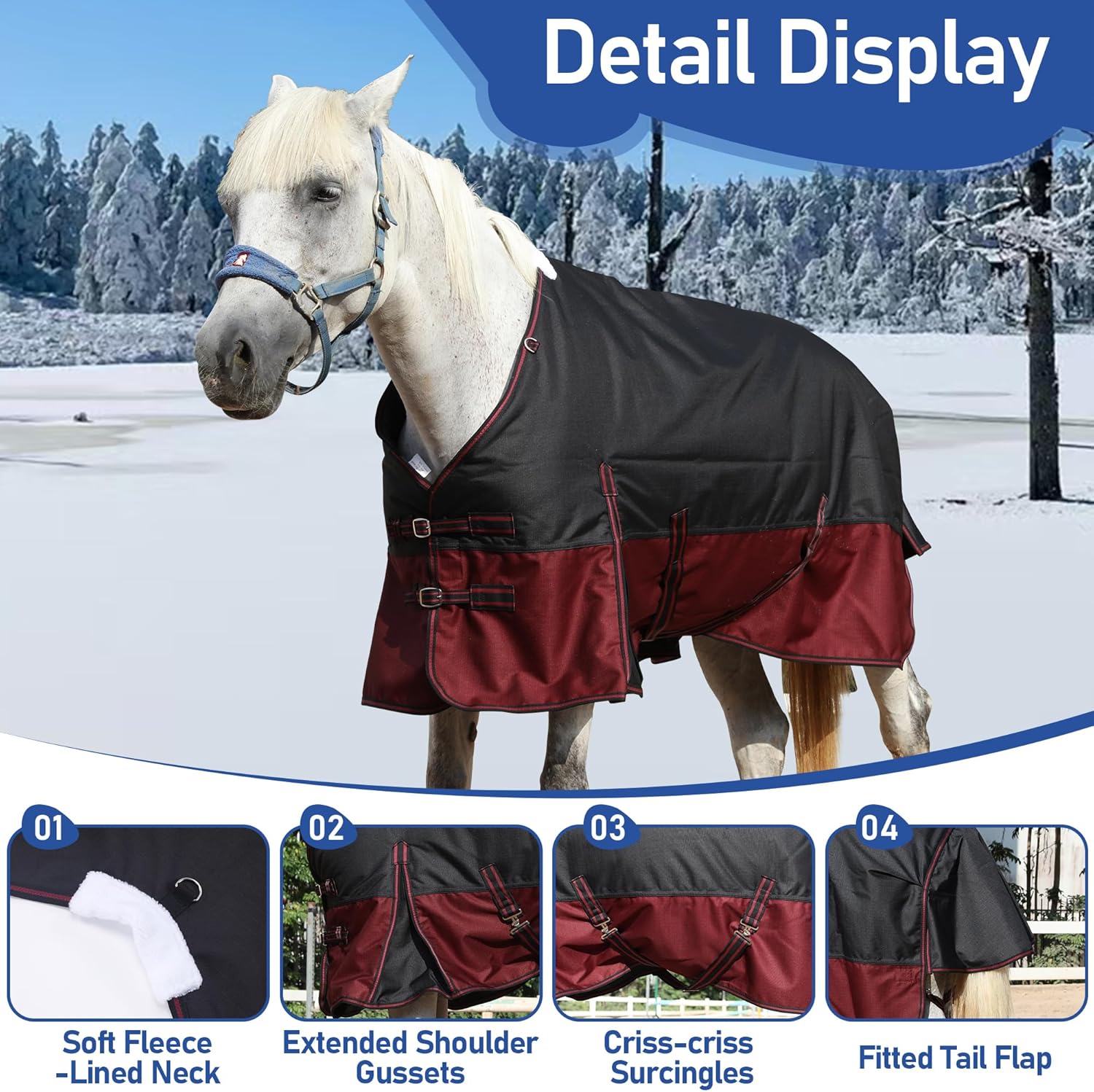 Detalle 2 de Leberna 1200D Winter Horse Turnout Rug with 200g Fill (6'3", Black Red) – Waterproof & Breathable