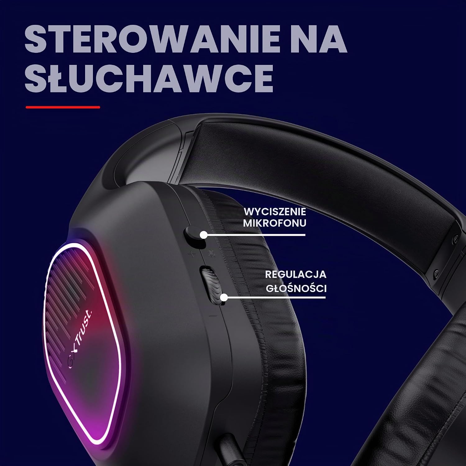 Detalle de GXTrust GXT 419 Rayne – przewodowy headset gamingowy z przetwornikami 50 mm i LED