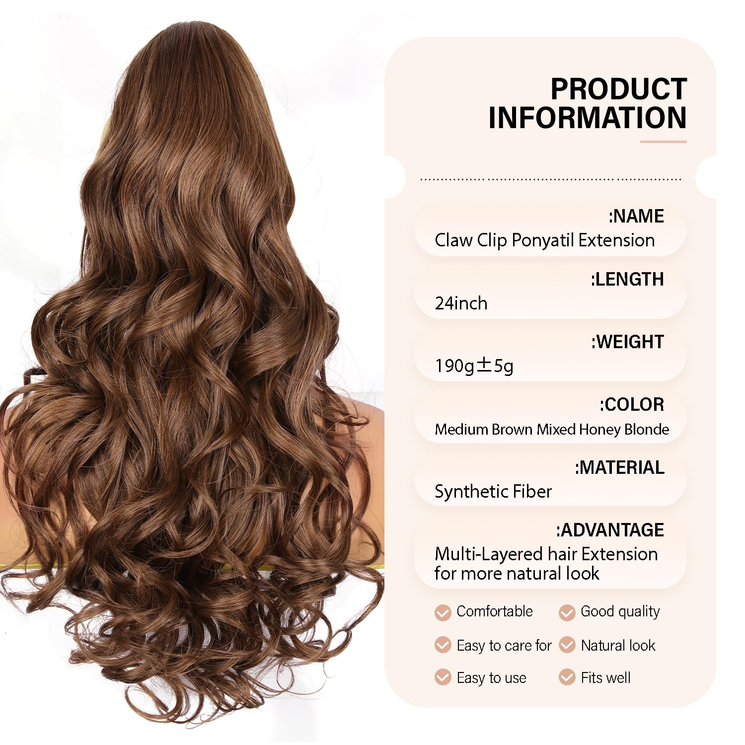 Detalle 1 de ZQIAN BEAUTY 24-Inch Clip-On Ponytail Extension, Curly Wavy Synthetic Hair