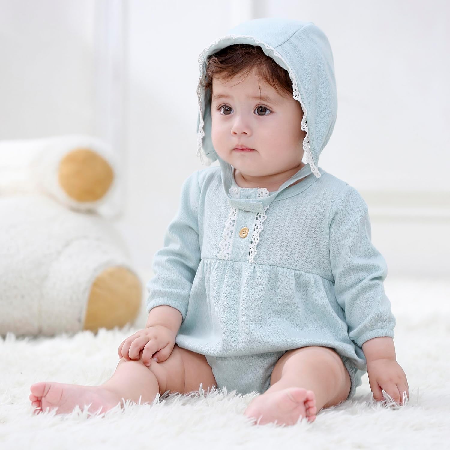 Detalle 2 de MAMIMAKA Newborn Baby Girl Cotton Bubble Romper Bodysuit 3-Pack (Long Sleeve)