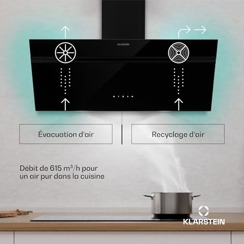 Detalle de Klarstein Alina : hotte murale 90 cm – 615 m³/h, éclairage LED 9 couleurs, contrôle tactile, mode extraction ou recirculation