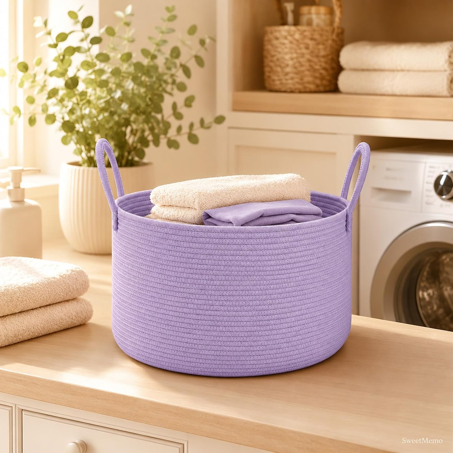 Detalle de SweetMemo 32L Woven Rope Gift Basket, Lavender Purple with Bag and Ribbon