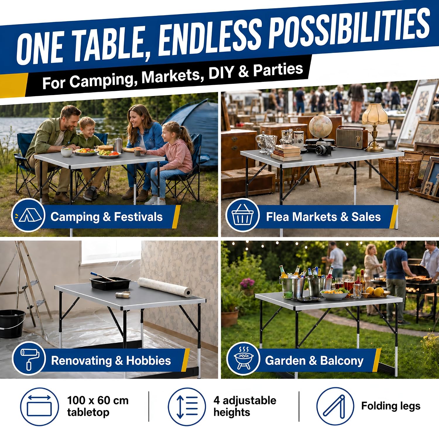 Detalle de GOODS+GADGETS 3169011 Folding Table, 100 x 60 cm, 4 Heights, 30 kg