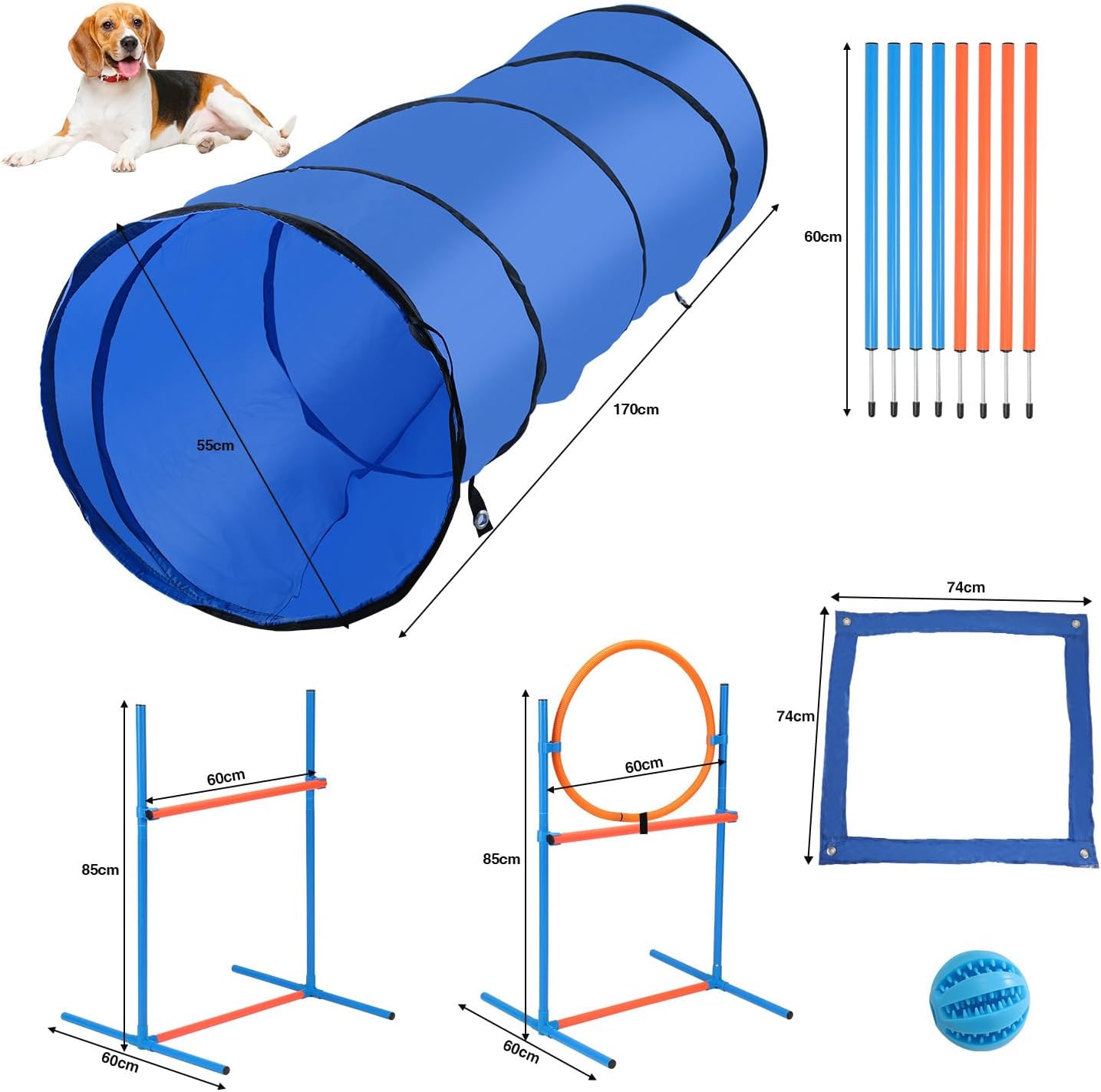 Detalle de Hebitod Agility Set Hunde – 5-teiliges Set für flexibles Hundetraining (Slalom, Hürde, Sprungring, Tunnel)