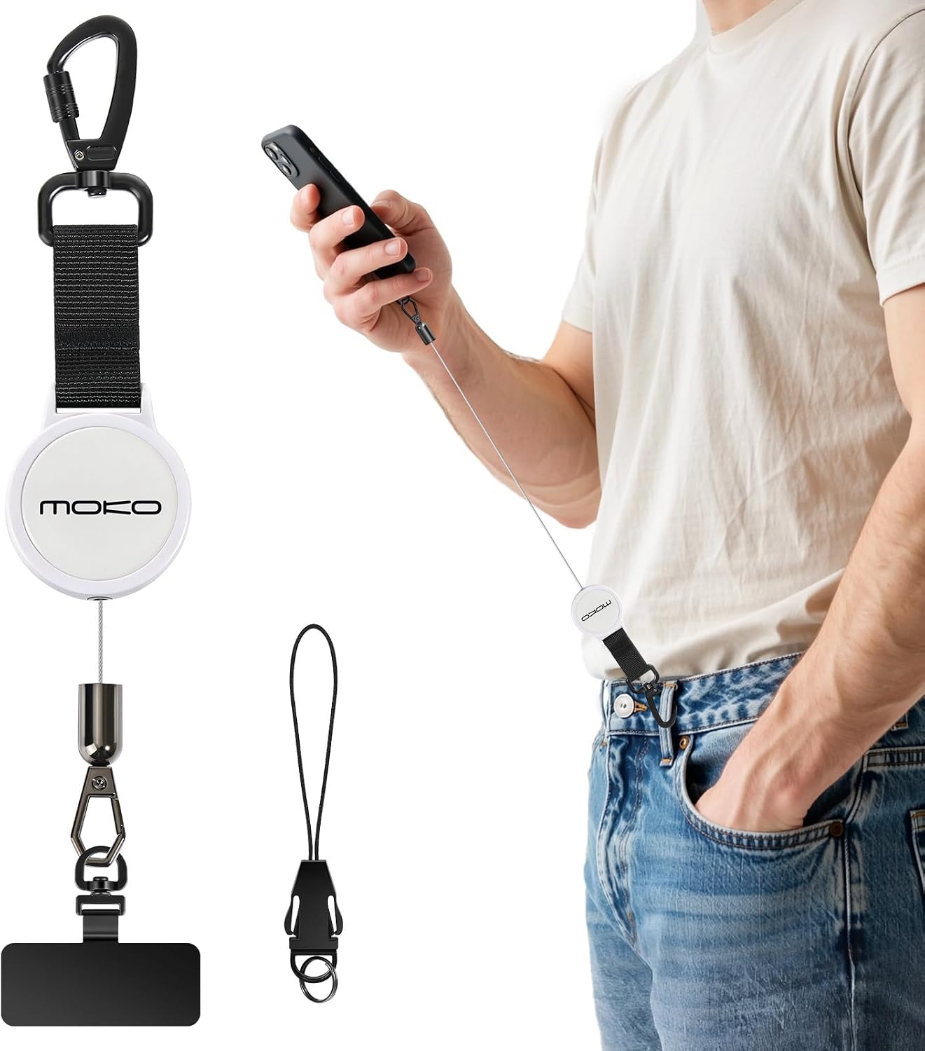 Detalle de MoKo Einziehbares Handy-Sicherungsband: Diebstahlschutz, 360°-Halterung und robuste Stahlseilführung für Outdoor-Aktivitäten