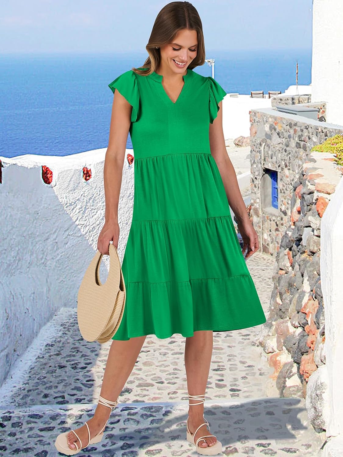 Thumbnail 4 de ANRABESS Women's Summer Dress: Ruffle Sleeve V-Neck Midi for Boho Vacation Style