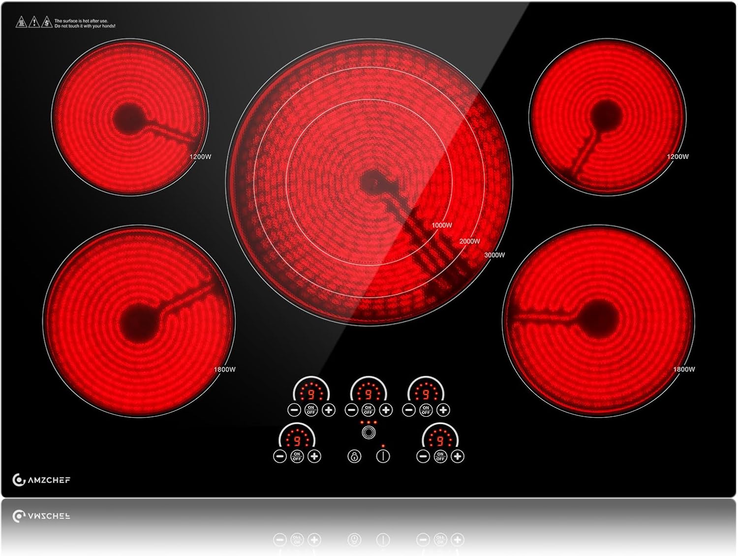 Detalle de AMZCHEF SK-90HLA30 30-Inch Electric Cooktop, 5 Burners, 9 Power Levels