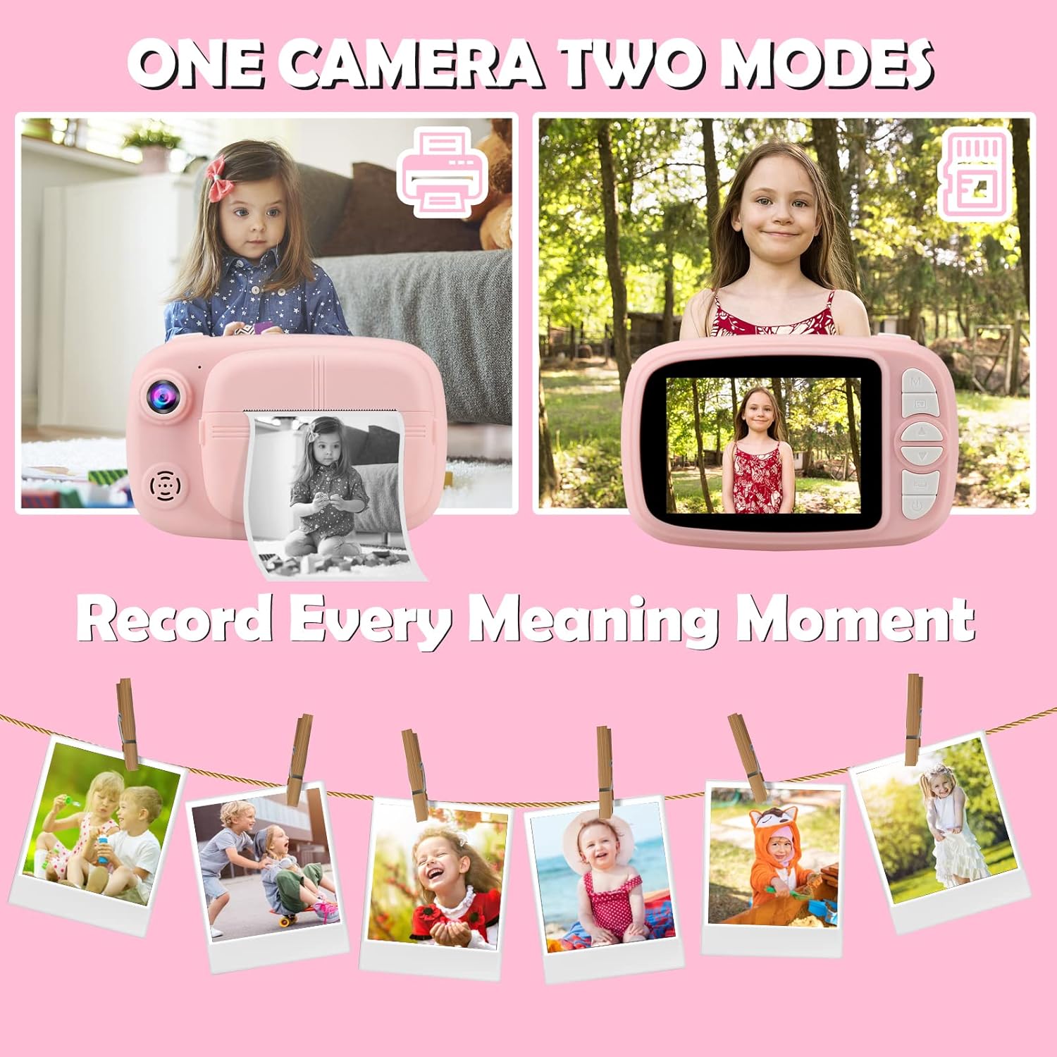 Thumbnail 1 de Fotocamera istantanea digitale per bambini Misilmp da 3,5” con stampa in bianco e nero, 1080P e SD da 32GB (rosa)