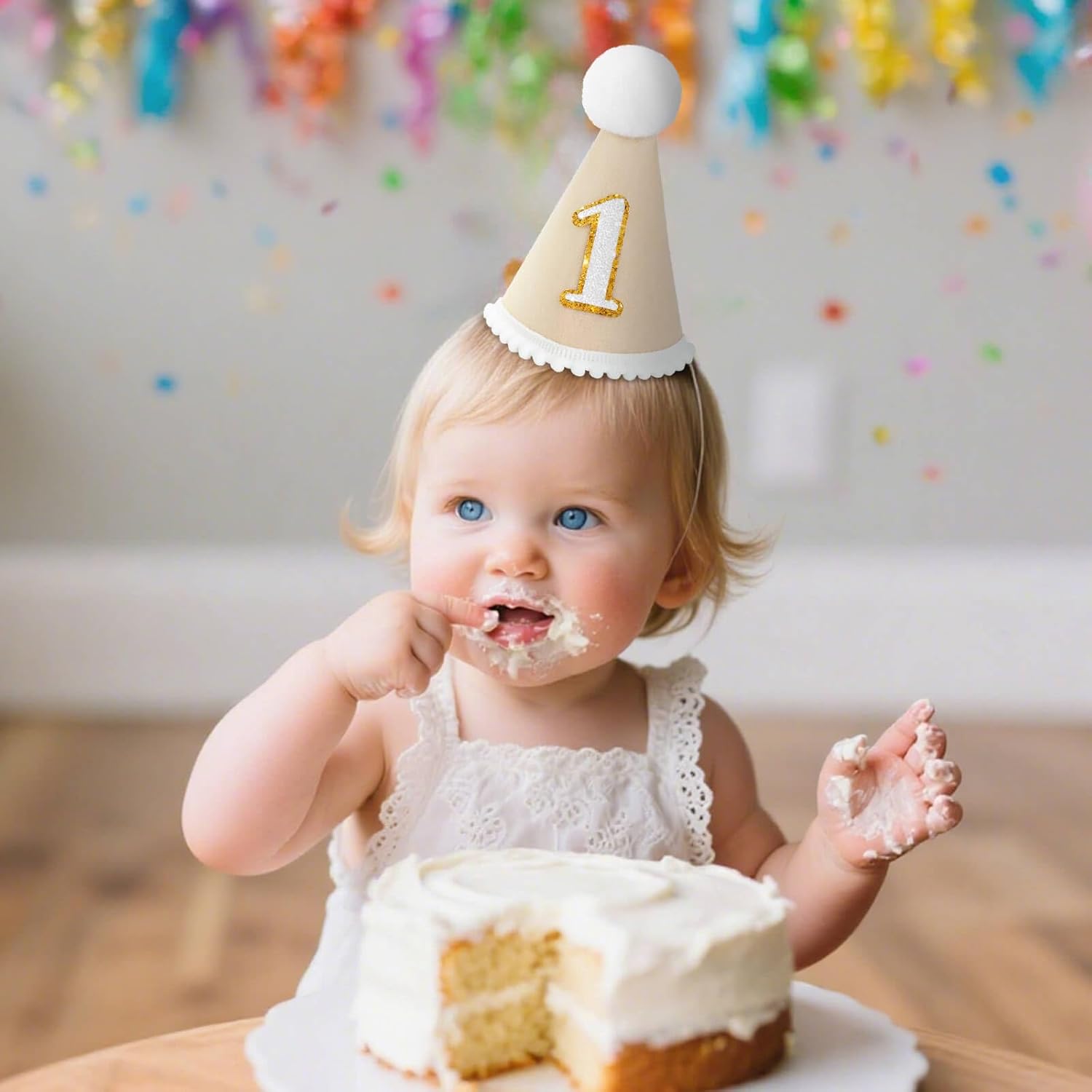 Thumbnail 3 de DRESHOW 1st Birthday Baby Party Hat – Cone Hat with Pom Poms for Cake Smash and Photo Props