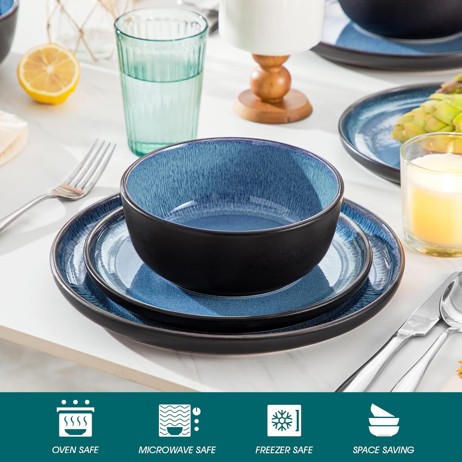 Detalle 2 de Vancasso Playa Blue 18-piece Reactive Glaze Dinner Set for 6 (Mediterranean stoneware)