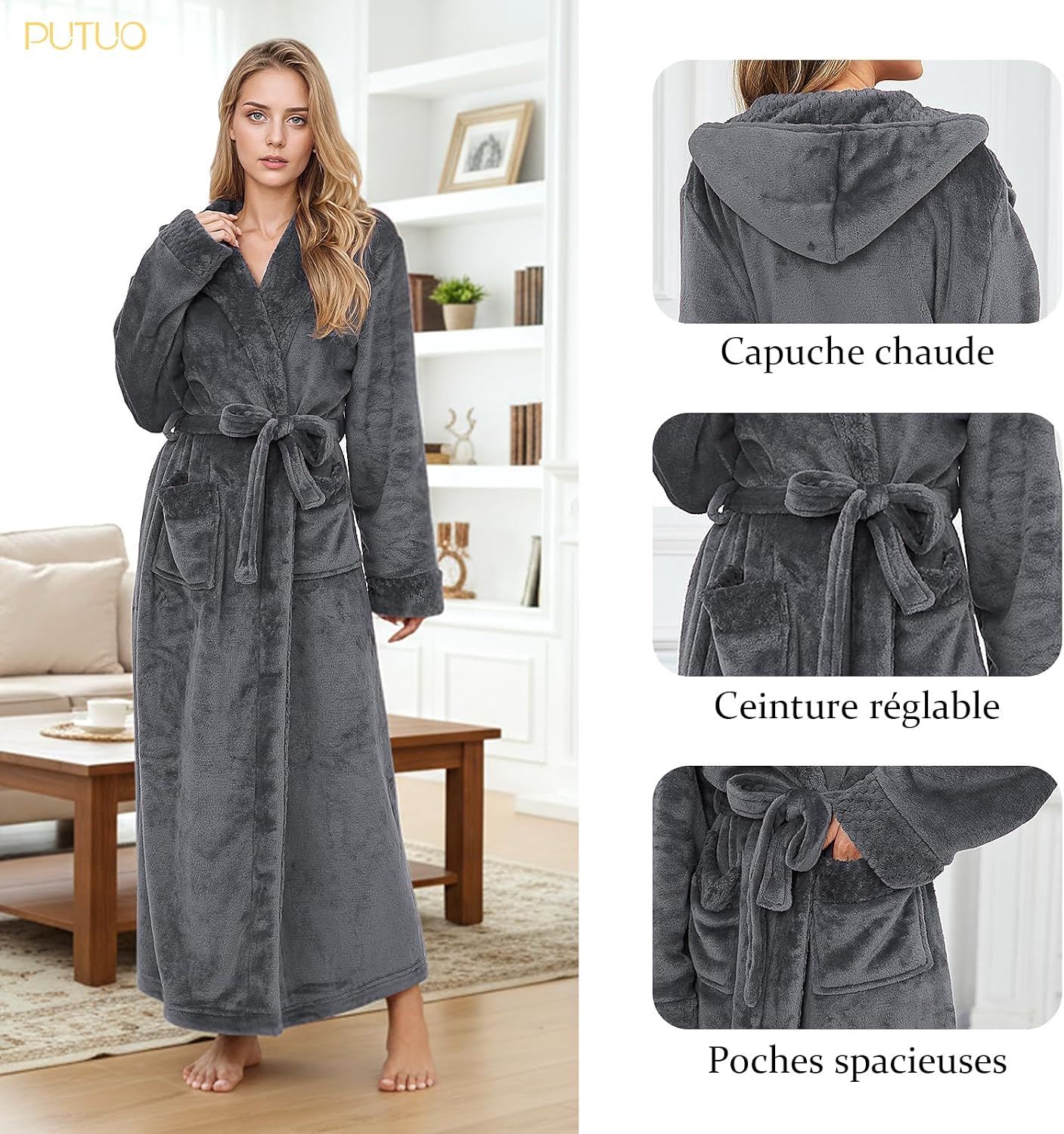 Detalle 2 de PUTUO Robe de chambre femme polaire longue with capuche