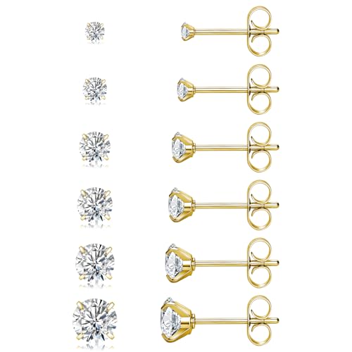 Detalle de Sweetkiki 6 Pairs Gold Stud Earrings Set – Hypoallergenic Stainless Steel with Cubic Zirconia