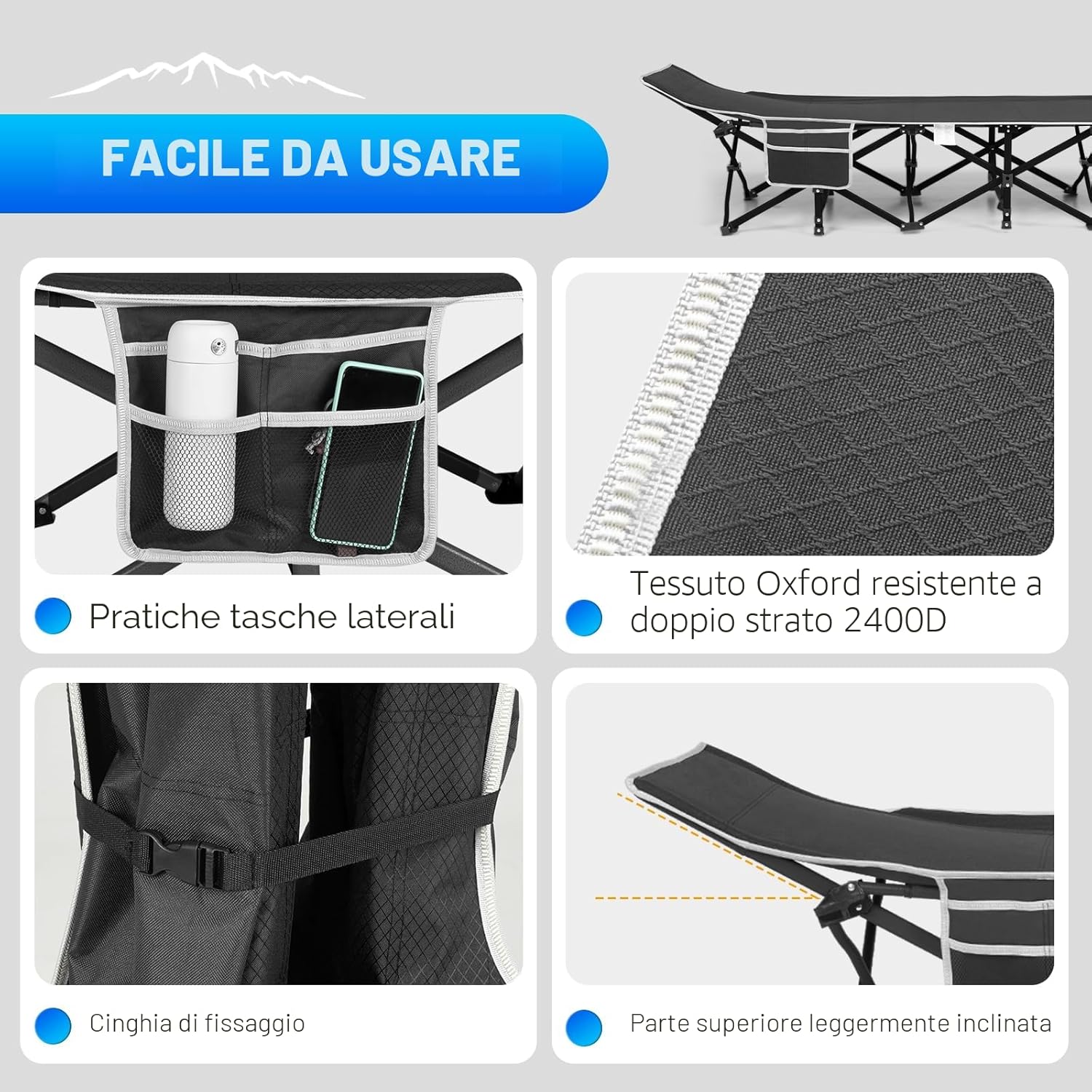 Detalle de OVERMONT Lettino da Campeggio Brandina Pieghevole con Materasso XL – Portatile, 250 kg, Tasche Laterali
