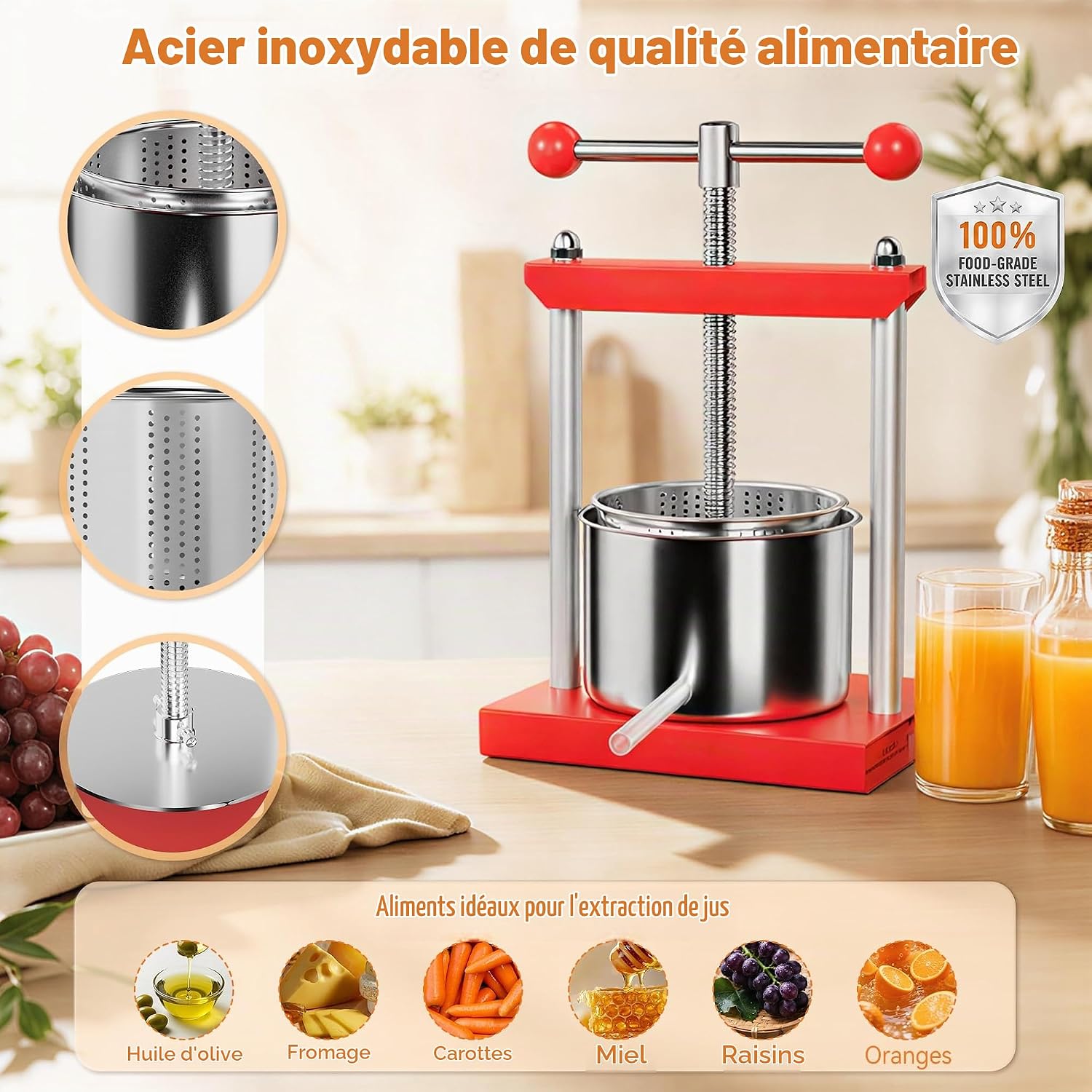 Detalle 2 de Aufun 3L handmatige fruitpers van roestvrij staal, 3 liter