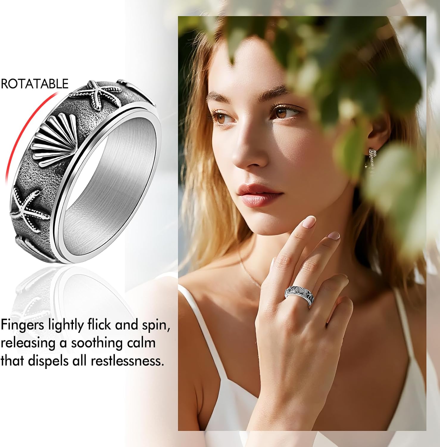 Detalle de JewelryWe Angst Ring mit Seestern & Muschel – Vintage Edelstahl Drehring für Damen und Herren