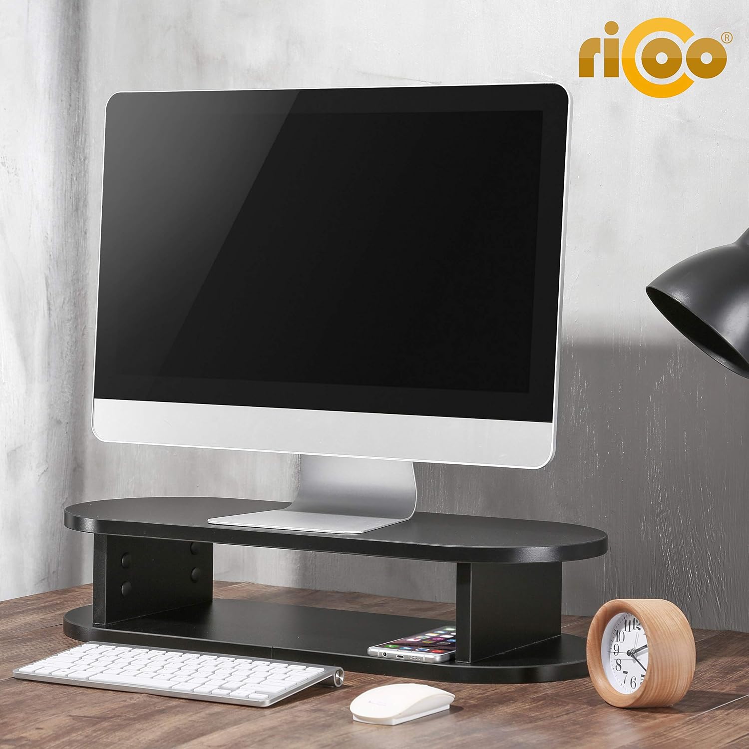 Detalle de RICOO FS0116 Supporto monitor PC rialzo scrivania per schermo piatto e laptop, 2 ripiani 60 x 24 x 13 cm nero