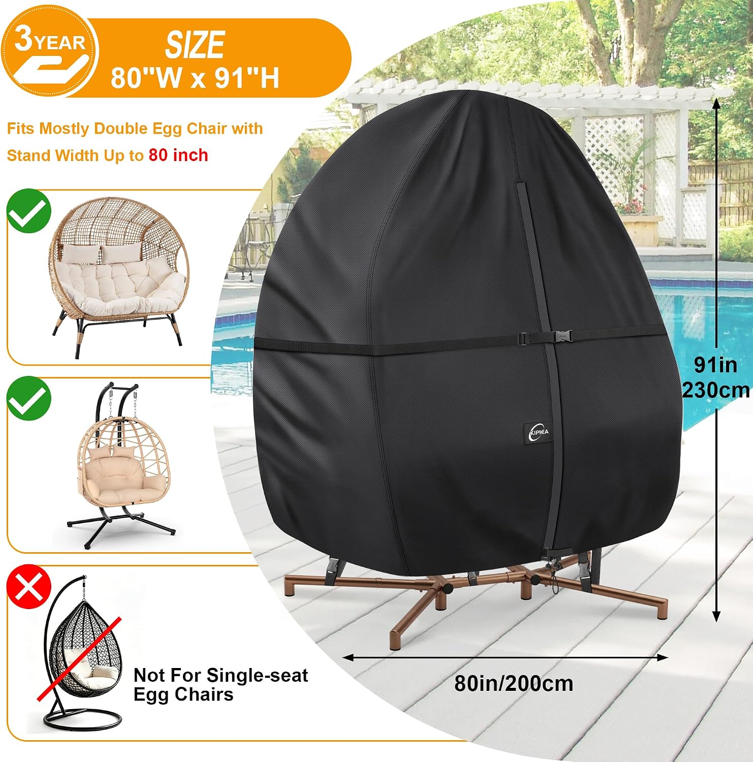 Detalle 2 de Kipiea 500D Double Egg Chair Cover, Waterproof Zipper, Windproof, UV-Resistant