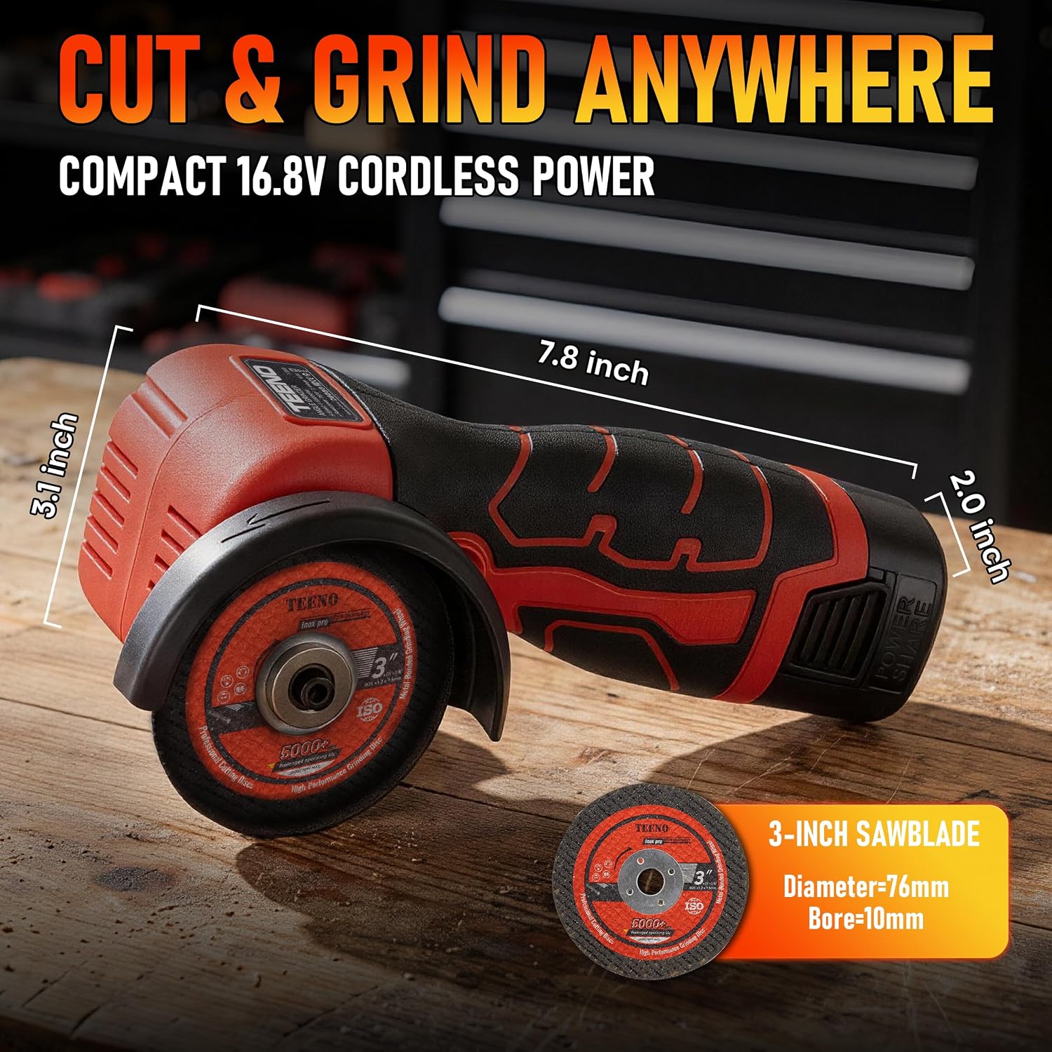 Detalle de TEENO Cordless Angle Grinder Kit, 3-Inch, 19,500 RPM, 16.8V