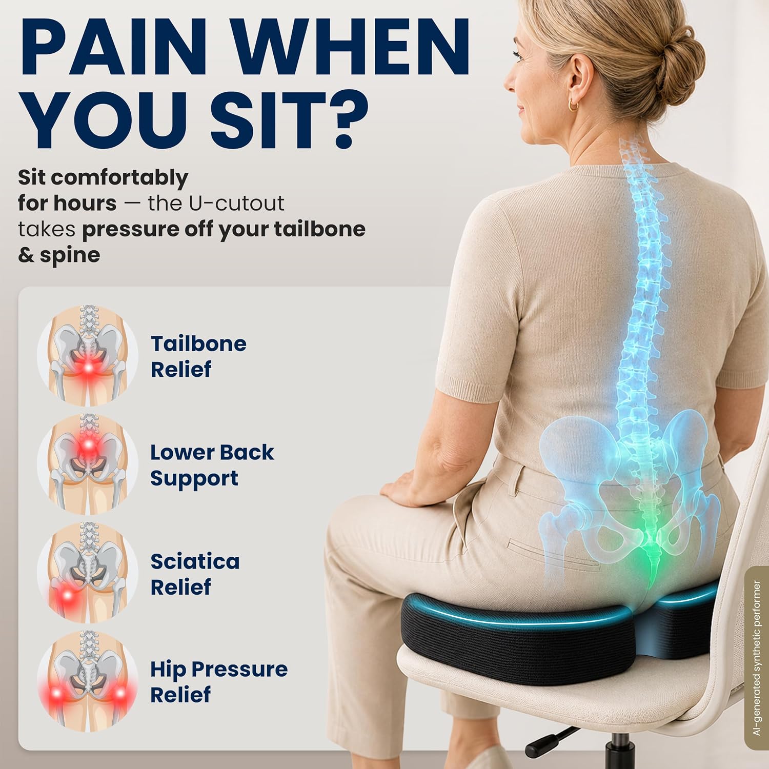 Detalle 2 de Seat Cushion for Office Chairs Tailbone Coccyx Pain Relief