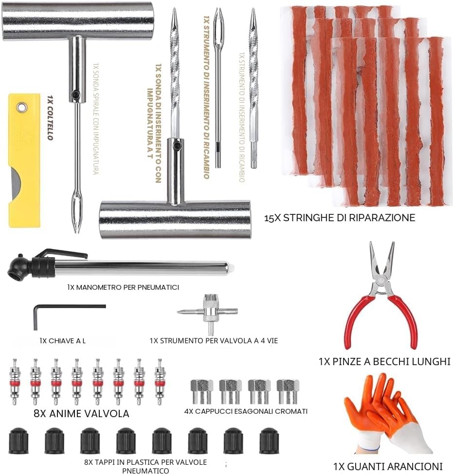 Thumbnail 1 de QUNNIE Kit di Riparazione Pneumatici, 48 Pezzi: utensili universali per forature e spine con impugnatura a T