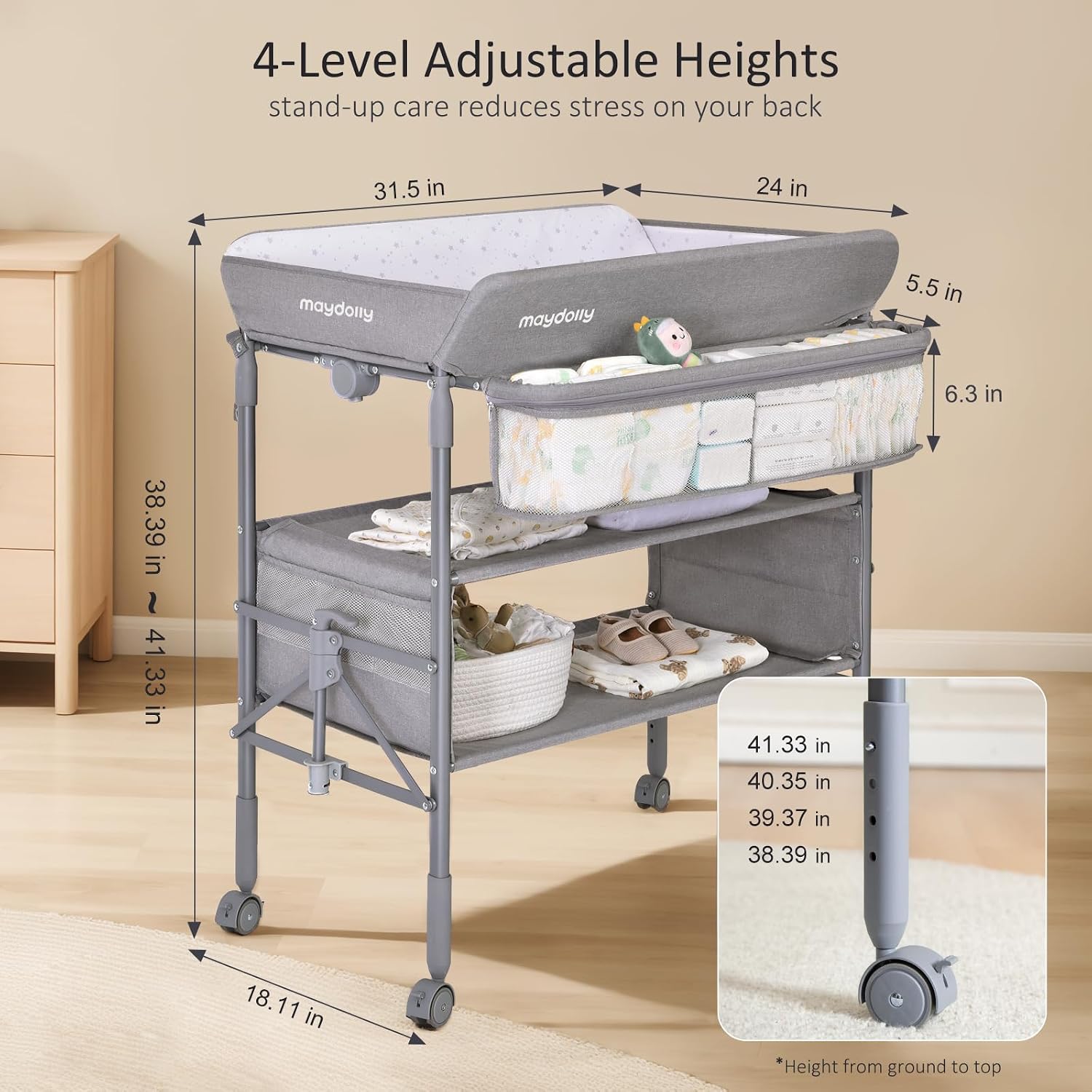 Detalle de Maydolly 248 Baby Changing Table, Adjustable Height, Waterproof Foldable Design
