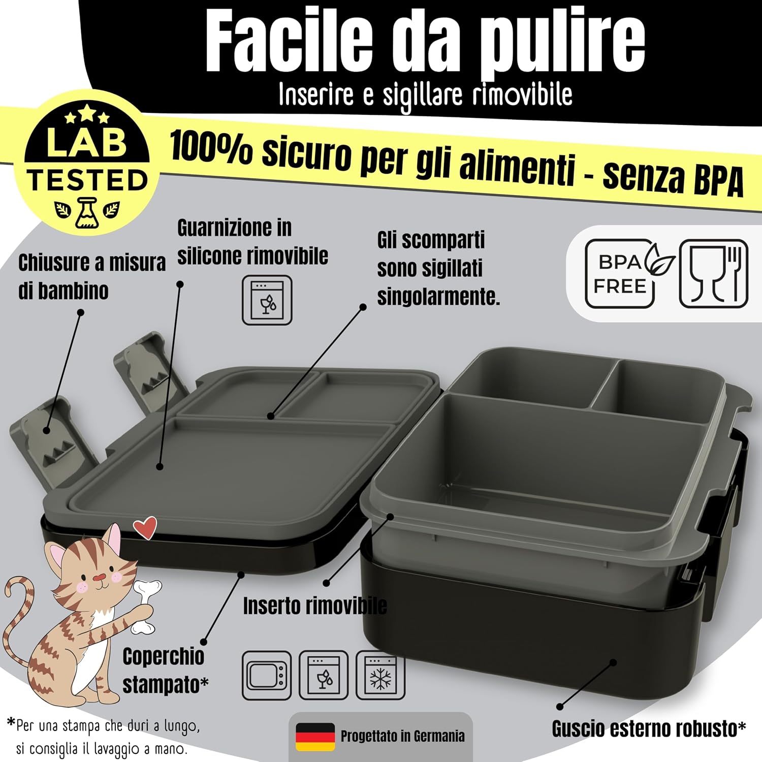 Thumbnail 2 de BEARFOOT Porta Pranzo Bambini Compatto 1000 ml: lunch box ermetica, BPA-free e personalizzabile