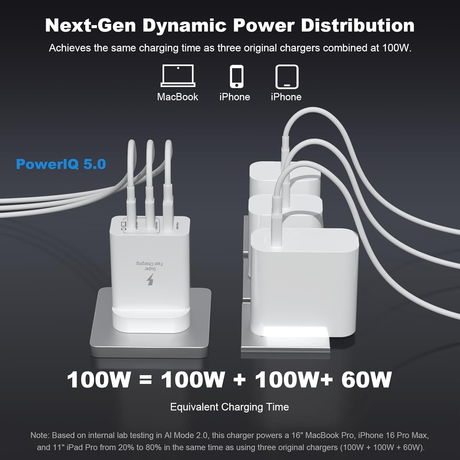 Detalle de iPhone Charger Fast Charge USB C Plug 100W with 100W USB-C Cable & Lightning Cable – UK 3-Port Multi-Charger
