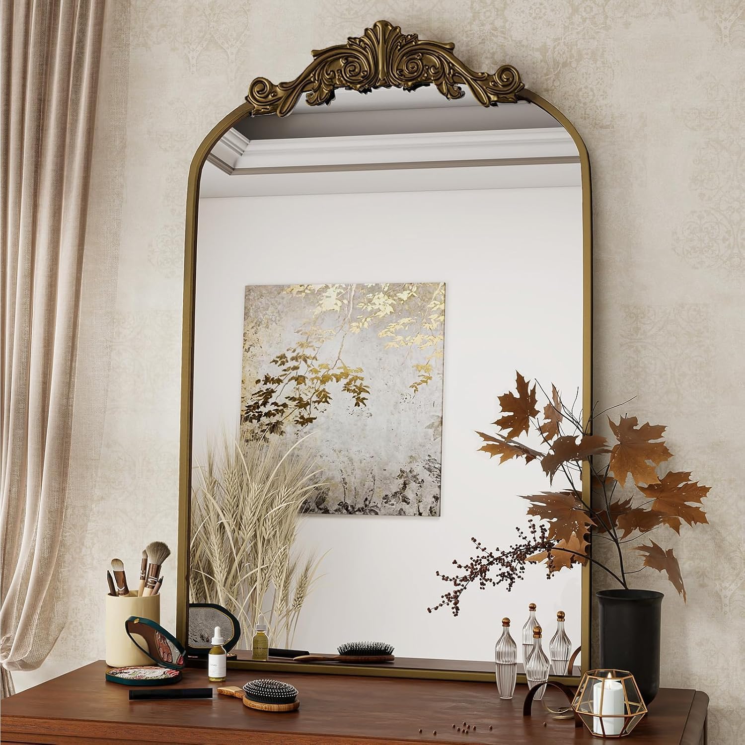 Thumbnail 4 de Dewfig Antique Arched Wall Mirror (22" x 30") with Vintage Bronze Baroque Frame