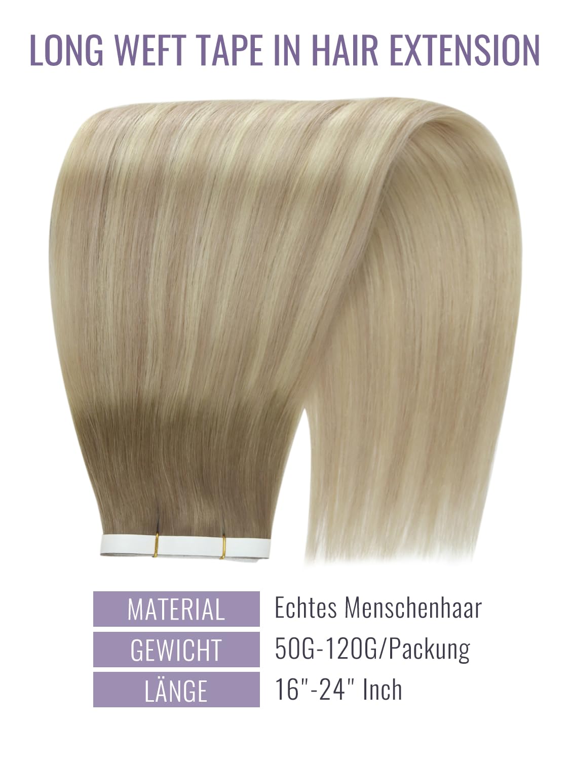 Detalle de Fshine Genius Tape Weft Echthaar Tressen Mittebraun mit Asch- und Platinblond-Mix, 45 cm – einfache Tape-Tressenverlängerung