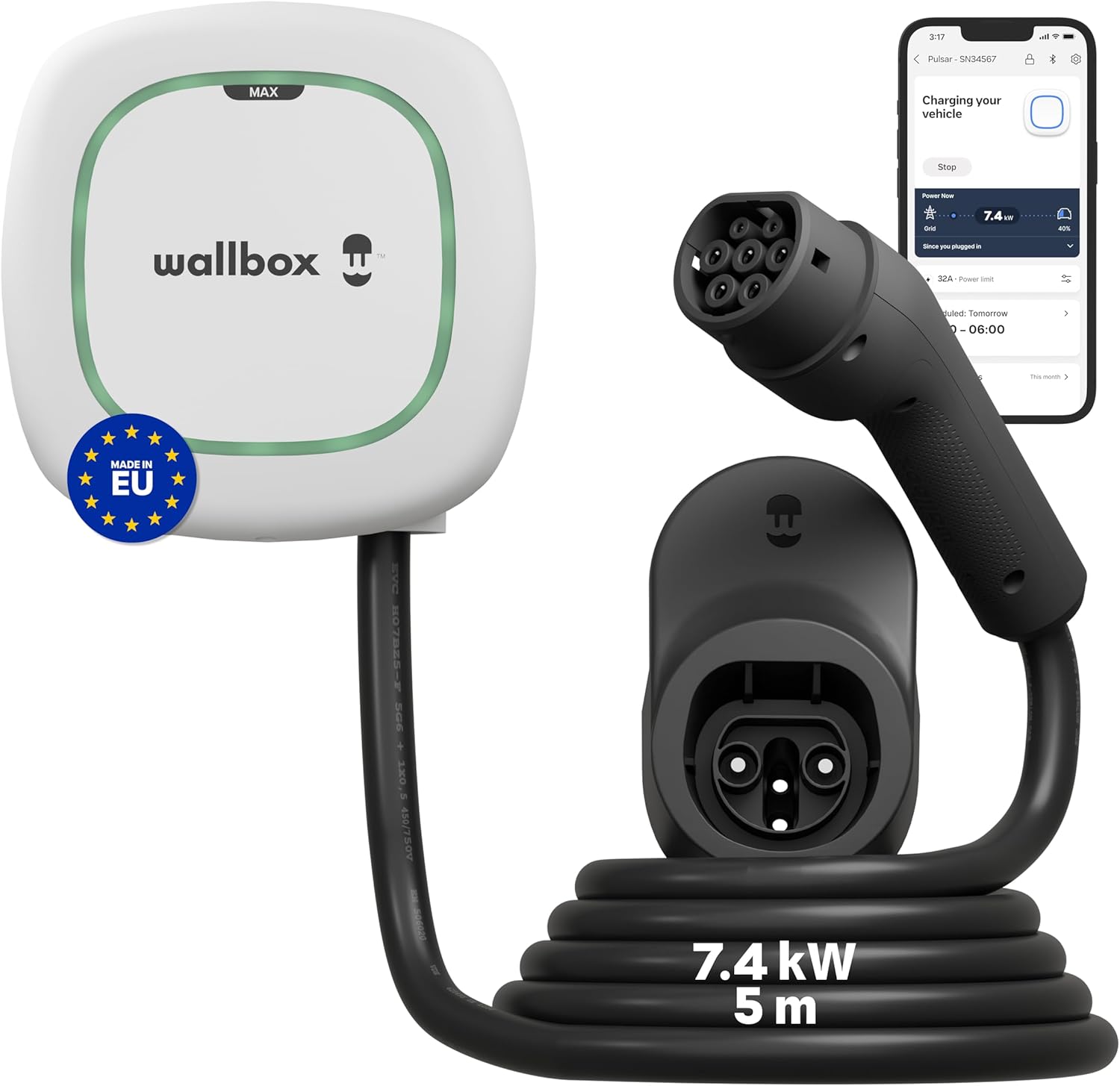 Detalle de Wallbox Pulsar Max caricatore EV 7,4 kW con cavo 5 m ⚡