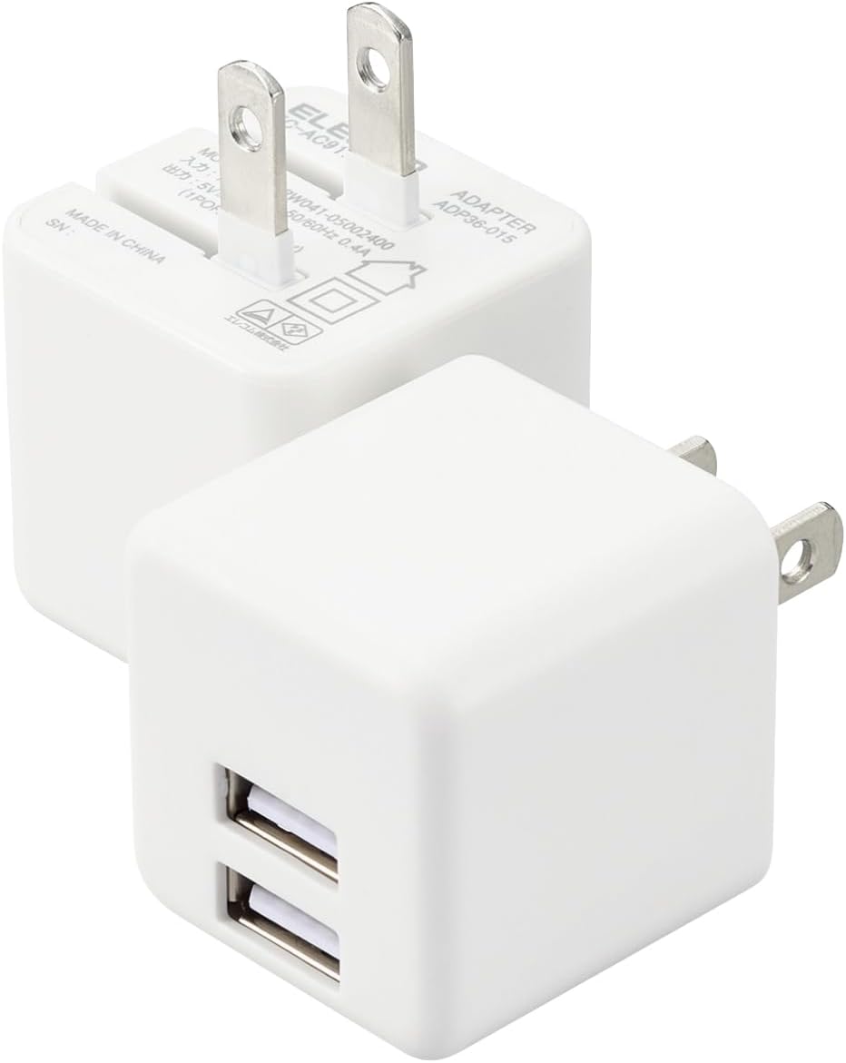 Detalle de エレコム EC-AC9112WH USB-A充電器 2個セット、2ポート・最大12W・折りたたみ式プラグ