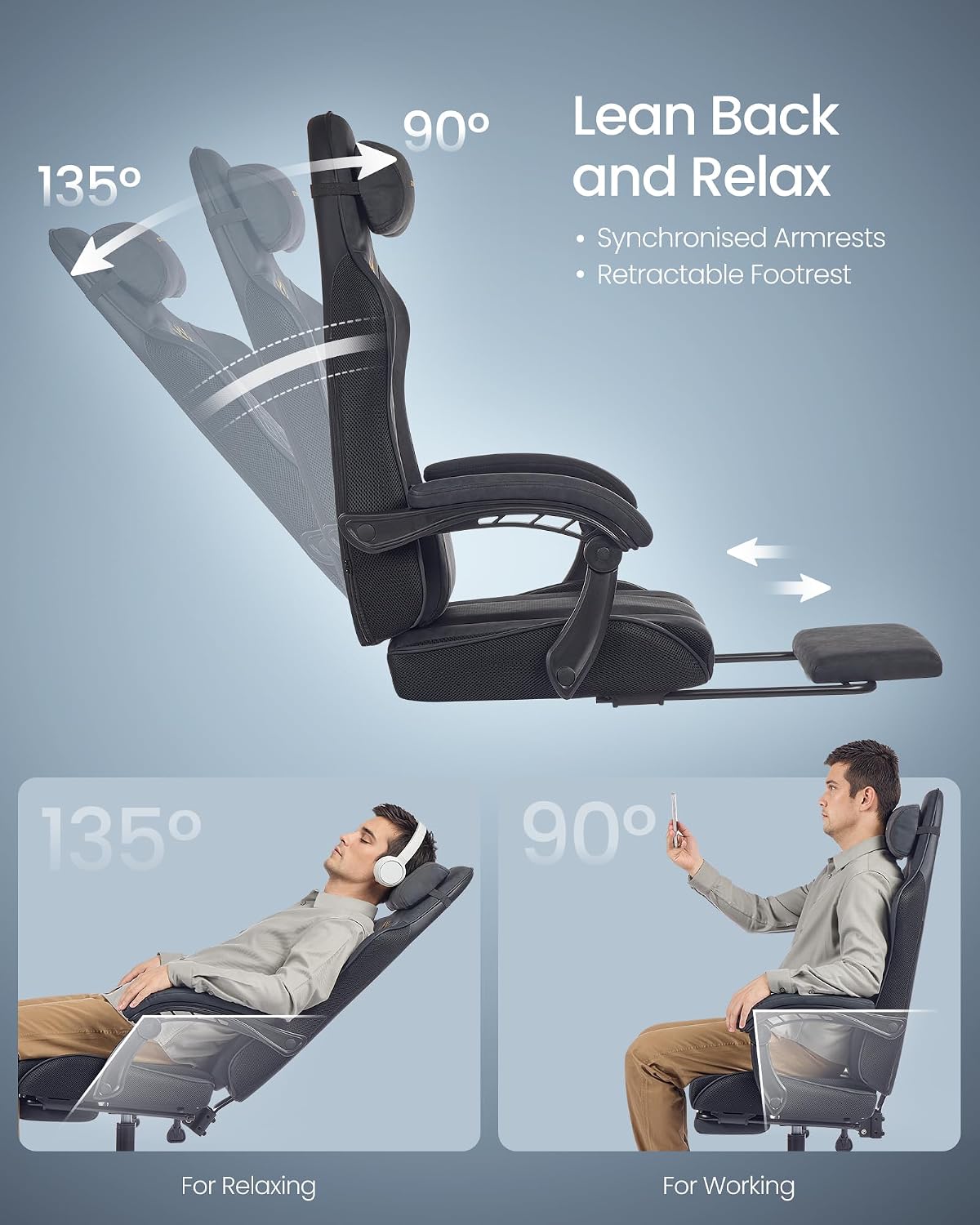 Thumbnail 6 de SONGMICS Gaming Chair, Ergonomic Office Desk Chair with Footrest and Spring Seat Cushion