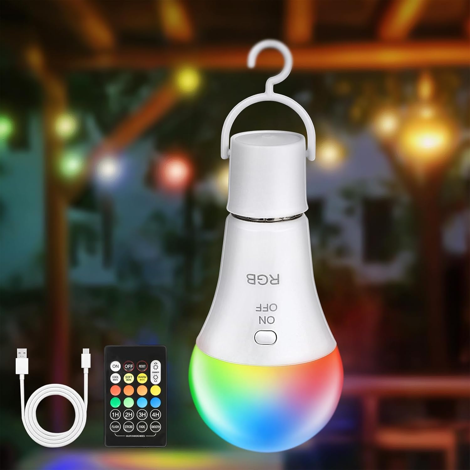 Detalle de Kimjo RGB LED Lampe E27 mit Fernbedienung – akkubetrieben, dimmbar (7W) für Outdoor & Camping