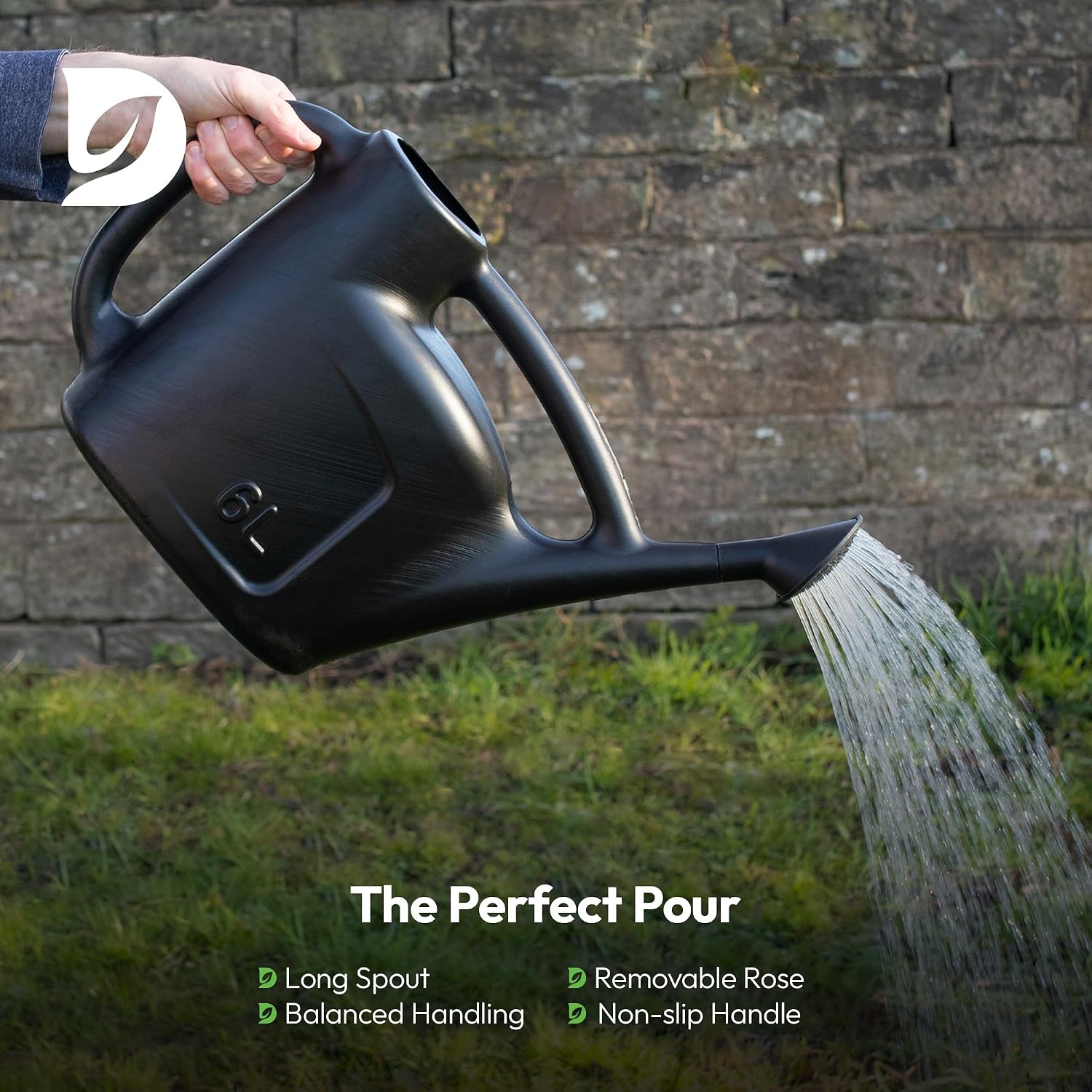 Detalle de Hardys 6L Black Rose Watering Can — Indoor & Outdoor, Detachable Sprinkler Head, Long Spout