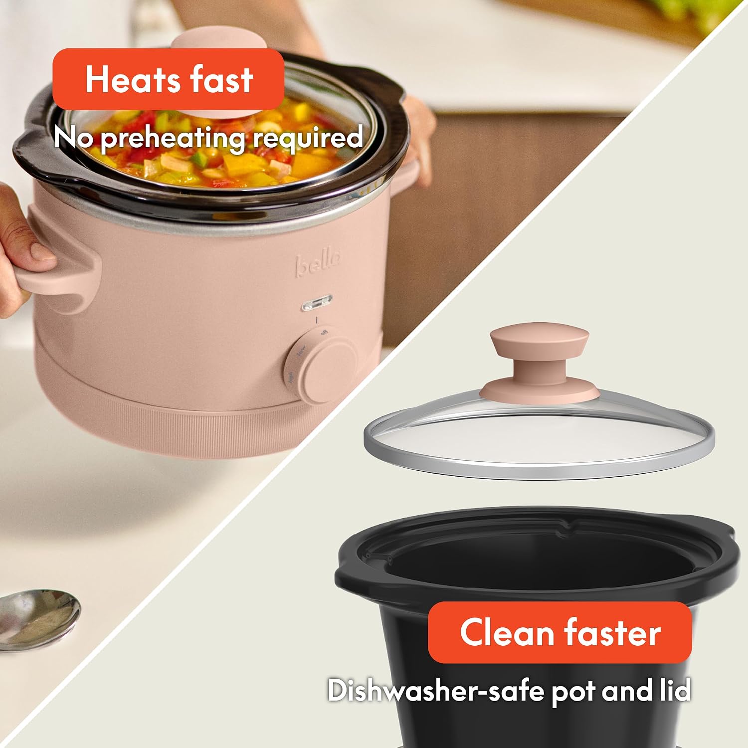 Detalle de bella 1.5 Qt Slow Cooker with 3 Heat Manual Control, Ceramic Nonstick Coating (Blossom)