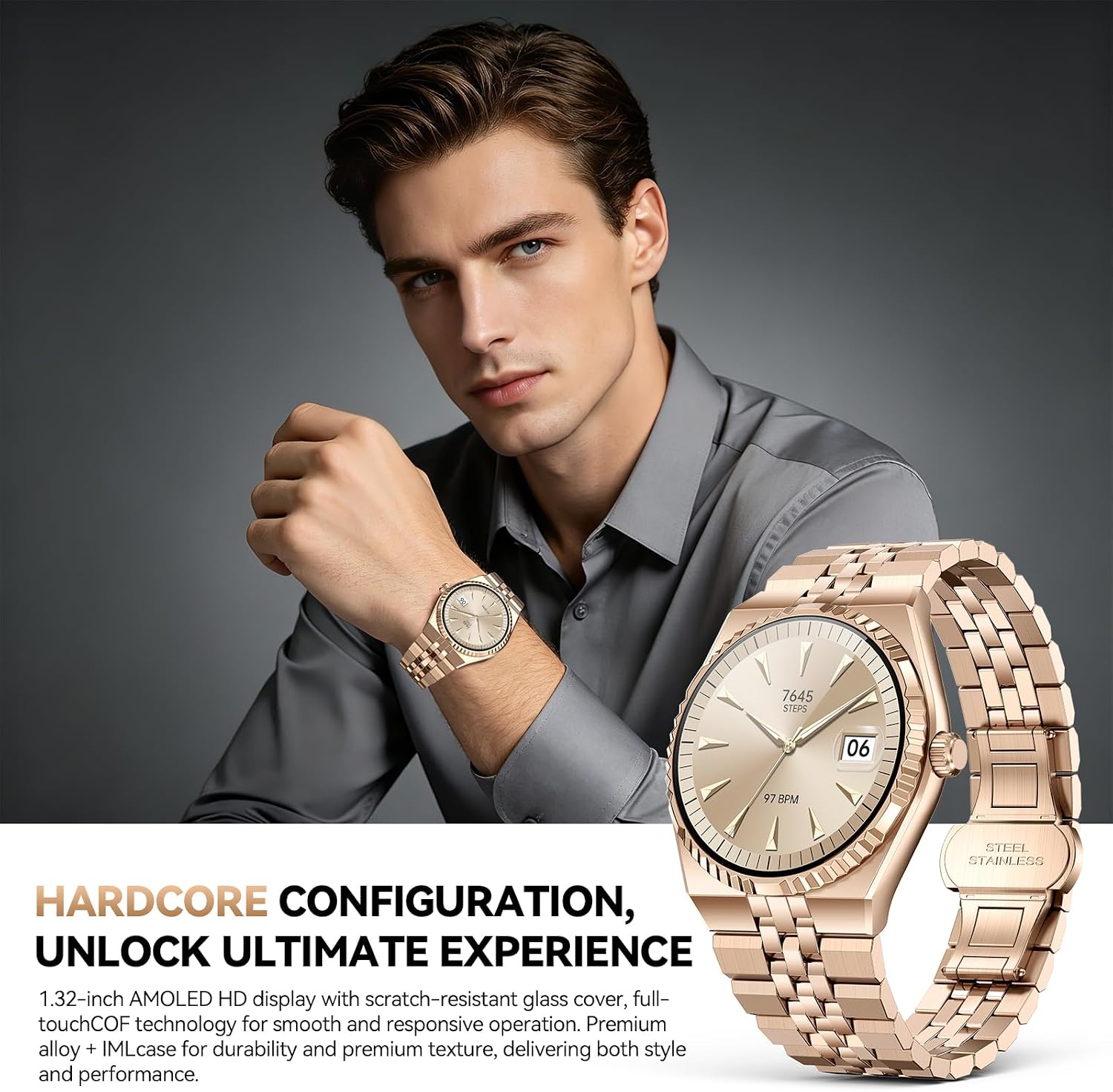 Thumbnail 1 de 2026 Business Smart Watch: 1.32" AMOLED, 160+ Sports, Bluetooth 5.4 Calls, Stainless Steel Straps