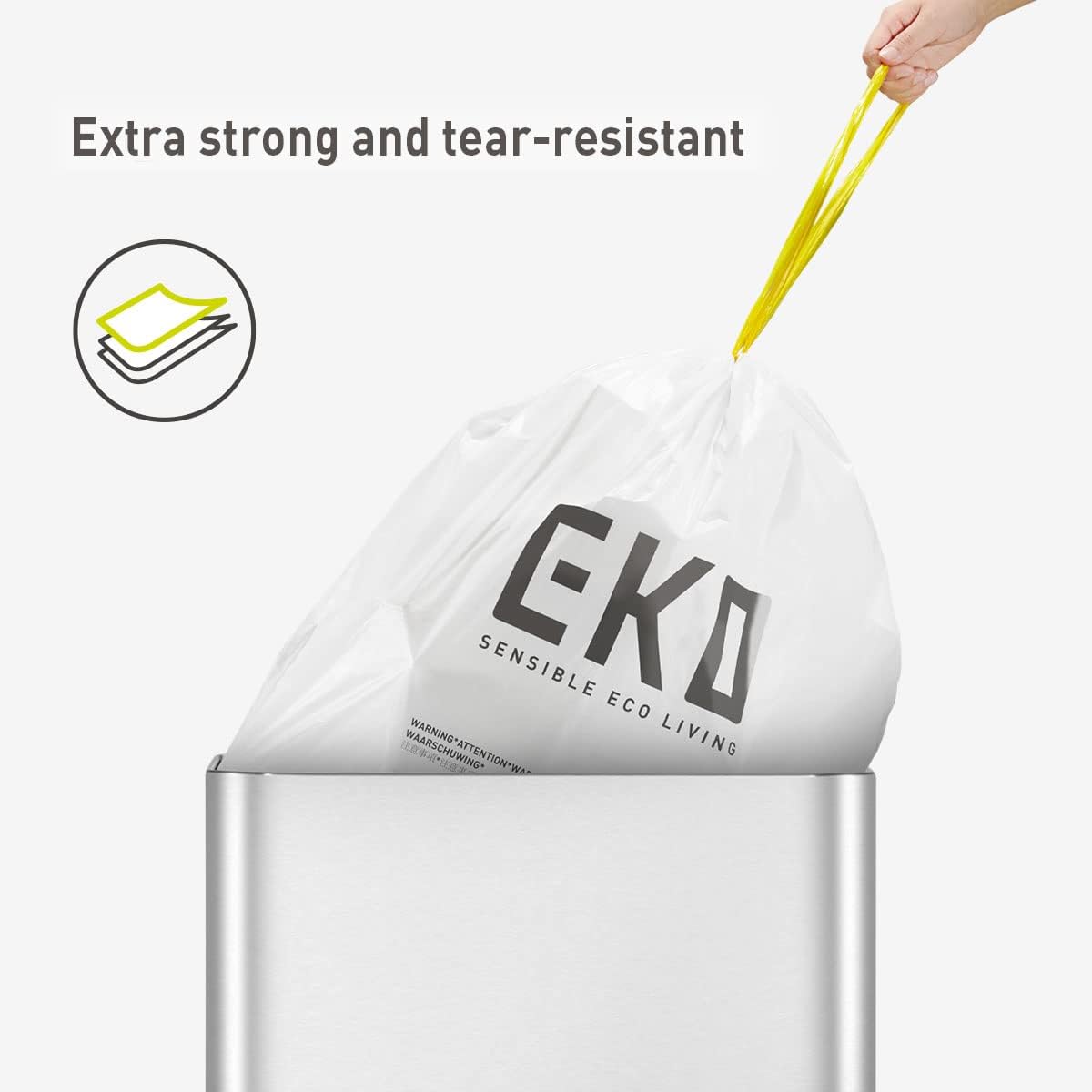 Detalle 2 de EKO Lot de 60 Sacs Poubelle 50-90 L – avec poignées Auto-Fermeture, Extra forts et Anti-fuites – Code G