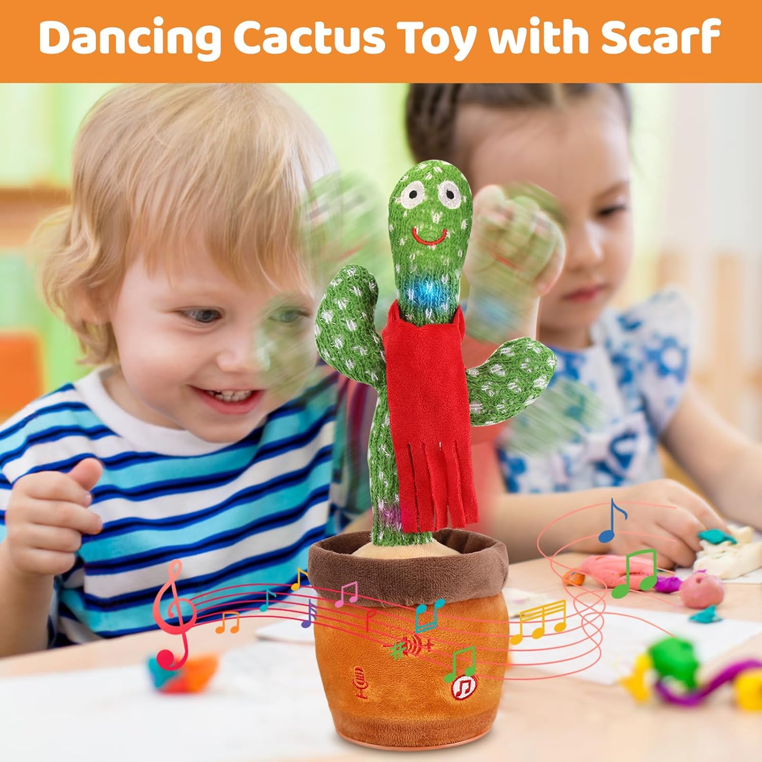 Thumbnail 4 de Edencomer Sprechender Tanzender Kaktus mit einstellbarer Lautstärke – singendes Plüschspielzeug zum Nachsprechen (roter Schal)