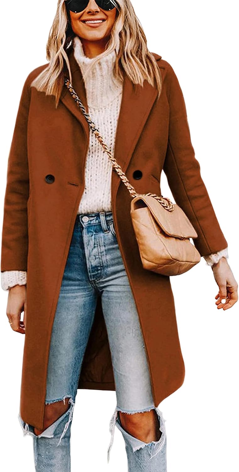 Detalle de Tanming Women's Wool Blend Pea Trench Coat, Notch Lapel, Double-Breasted