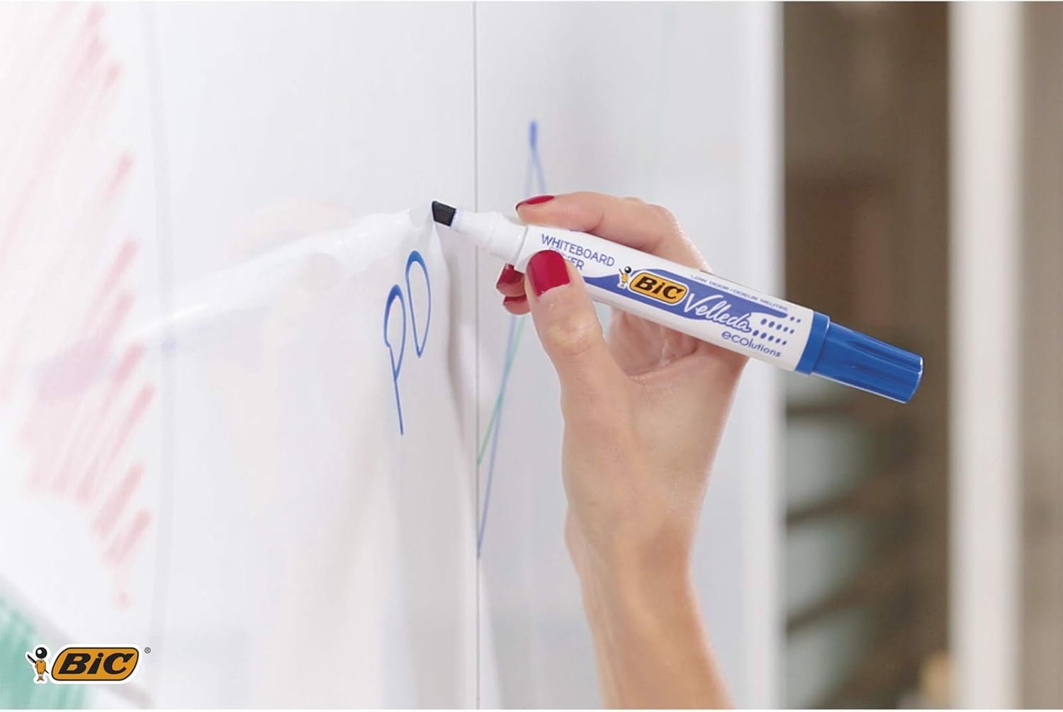 Detalle de BIC Velleda 1751 ECOlutions: Feutres pour Tableau Blanc à Pointe Moyenne – Bleu, Boîte de 12