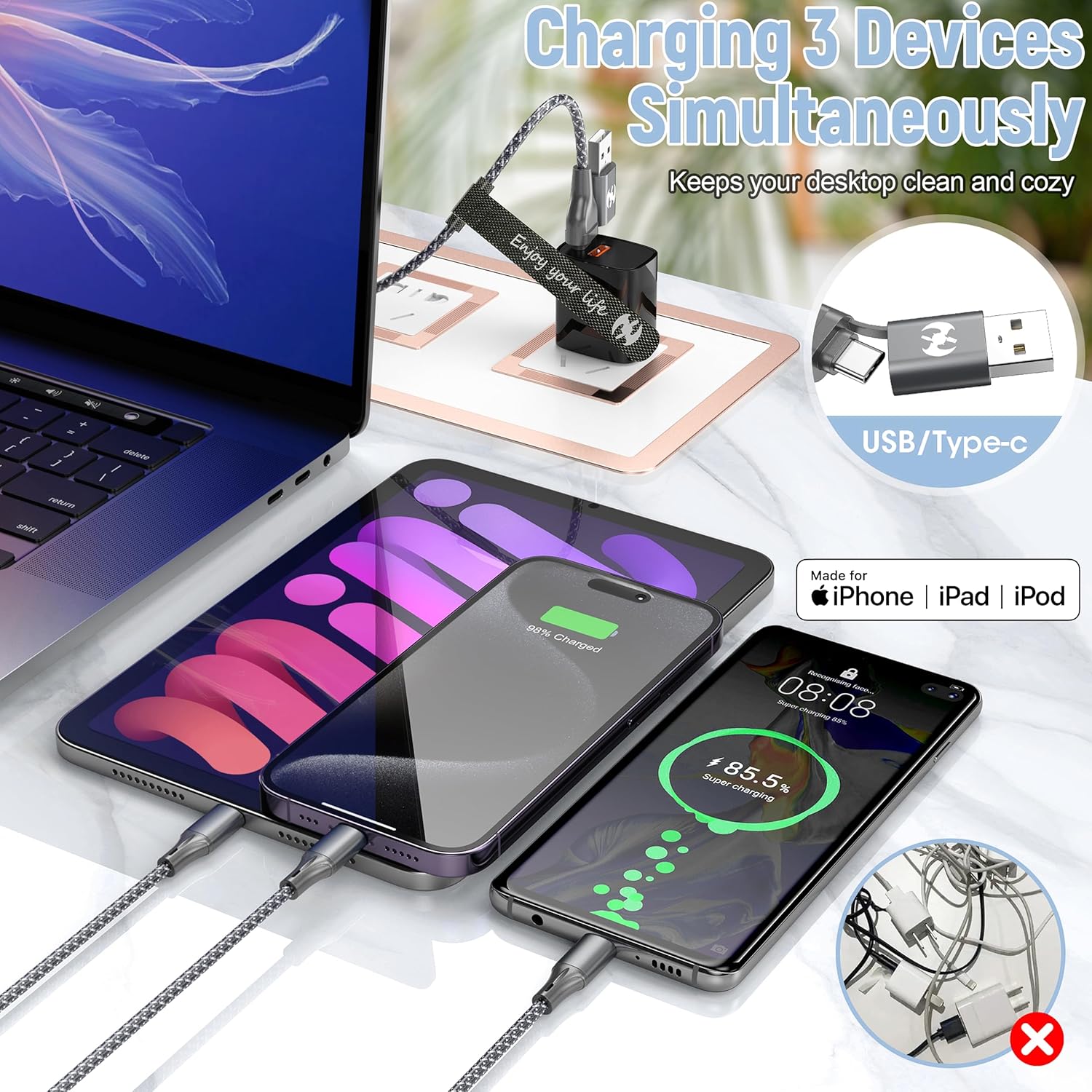 Thumbnail 3 de IDISON Multi Charging Cable (4ft, 3-Pack) 3-in-1 USB-A/C + Lightning/Type-C Travel Charger