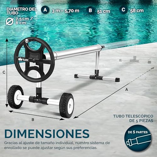 Detalle de tillvex enrollador de cubiertas para piscinas 3 a 5,70 m con neumáticos de caucho macizo y sistema móvil