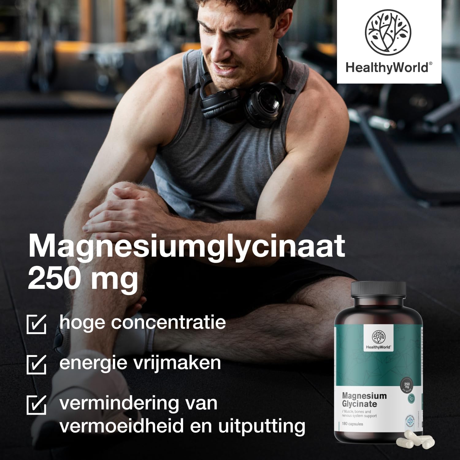 Detalle 2 de HealthyWorld Magnesiumglycinaat, 180 plantaardige capsules met 125 mg magnesium