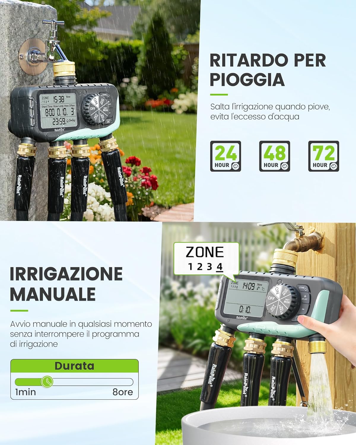 Thumbnail 4 de RAINPOINT Centralina Irrigazione 4 Zone – Timer impermeabile IP65 con ritardo pioggia e controllo manuale