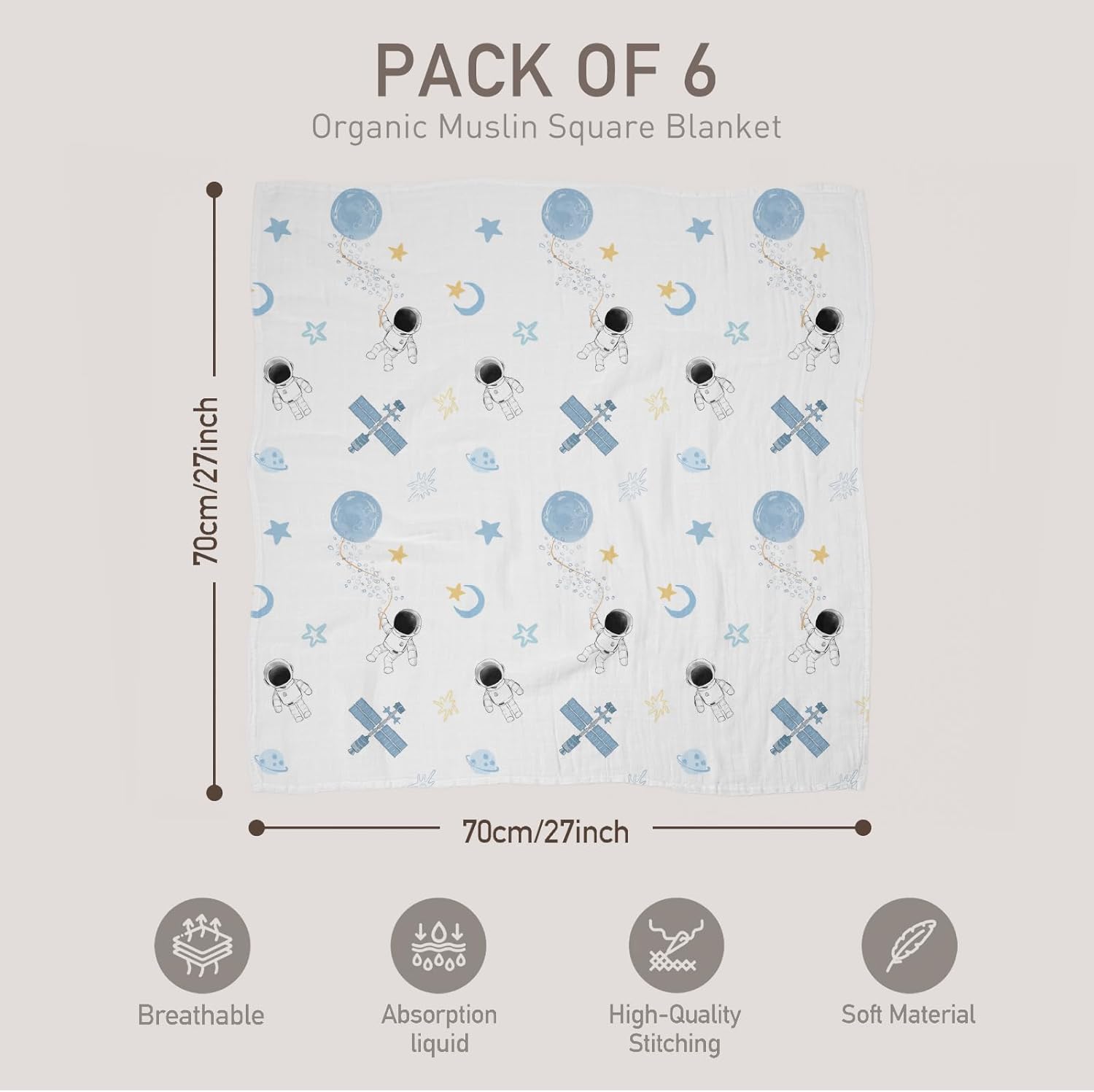 Thumbnail 1 de GLLQUEN BABY Muslin Squares Cloths 6-Pack (70cm x 70cm) in Astronauts Design